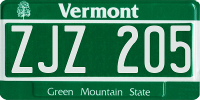 VT license plate ZJZ205