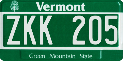VT license plate ZKK205