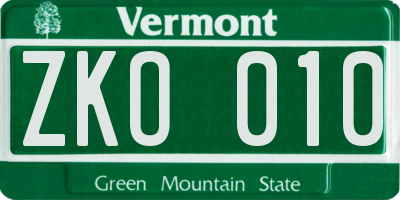 VT license plate ZKO010