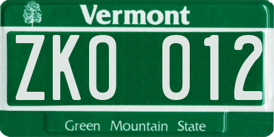 VT license plate ZKO012