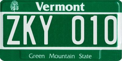 VT license plate ZKY010