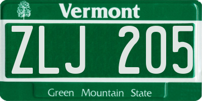 VT license plate ZLJ205