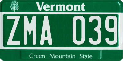 VT license plate ZMA039