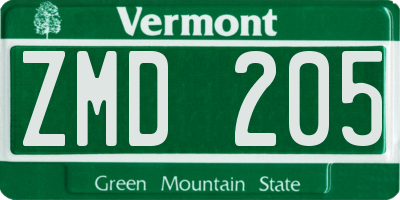 VT license plate ZMD205