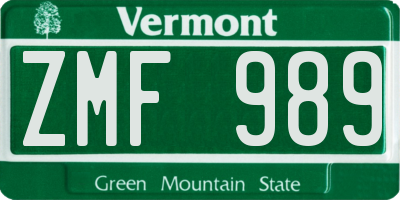 VT license plate ZMF989