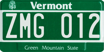 VT license plate ZMG012