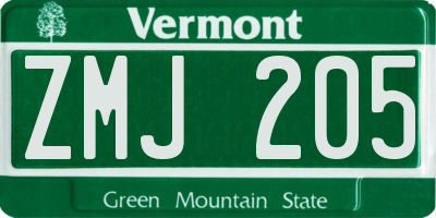 VT license plate ZMJ205