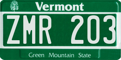 VT license plate ZMR203