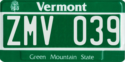 VT license plate ZMV039