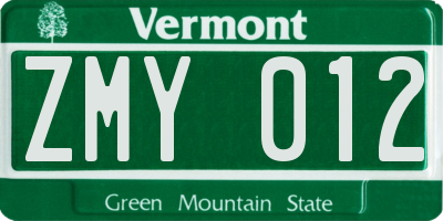 VT license plate ZMY012