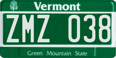 VT license plate ZMZ038