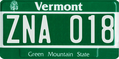 VT license plate ZNA018