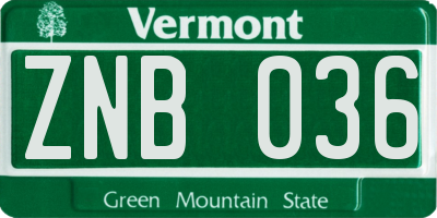 VT license plate ZNB036