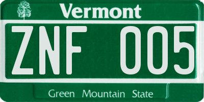 VT license plate ZNF005