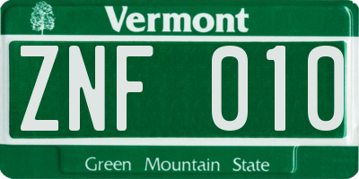 VT license plate ZNF010