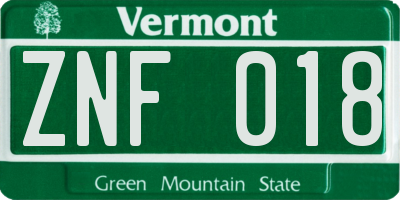 VT license plate ZNF018