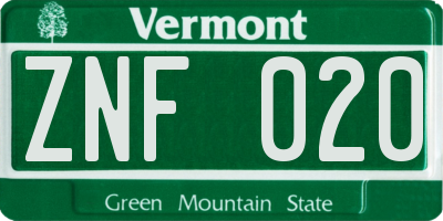 VT license plate ZNF020