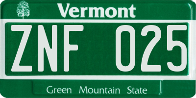 VT license plate ZNF025