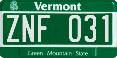 VT license plate ZNF031