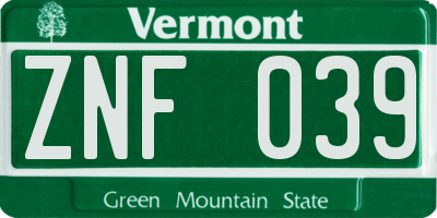VT license plate ZNF039