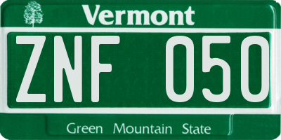 VT license plate ZNF050