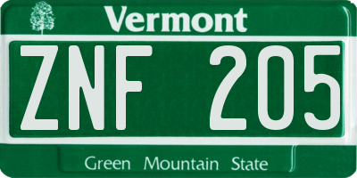 VT license plate ZNF205