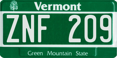 VT license plate ZNF209