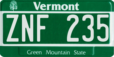 VT license plate ZNF235