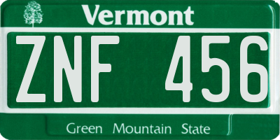 VT license plate ZNF456