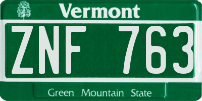 VT license plate ZNF763