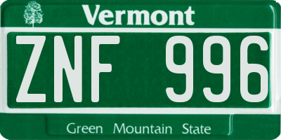 VT license plate ZNF996