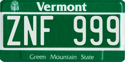 VT license plate ZNF999