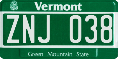 VT license plate ZNJ038