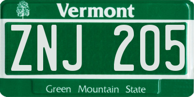 VT license plate ZNJ205