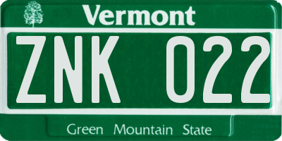 VT license plate ZNK022