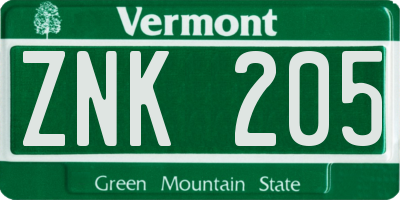 VT license plate ZNK205