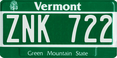 VT license plate ZNK722