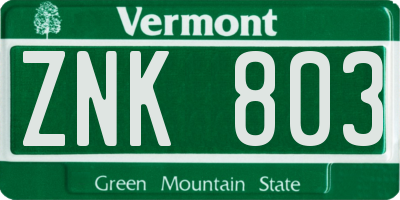 VT license plate ZNK803