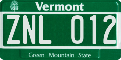 VT license plate ZNL012