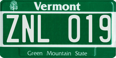 VT license plate ZNL019