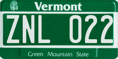 VT license plate ZNL022