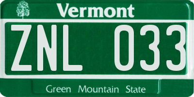 VT license plate ZNL033