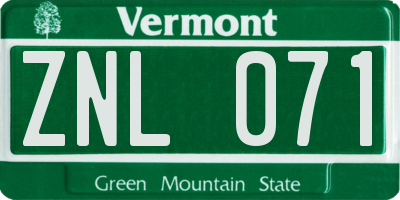 VT license plate ZNL071