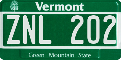 VT license plate ZNL202