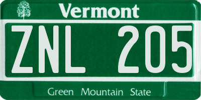 VT license plate ZNL205