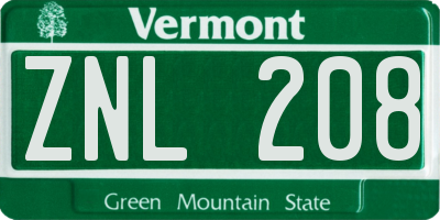 VT license plate ZNL208