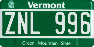 VT license plate ZNL996