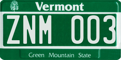 VT license plate ZNM003