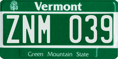 VT license plate ZNM039