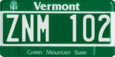 VT license plate ZNM102